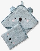 Capa de banho para bebé com capuz com bordado animais azul medio liso