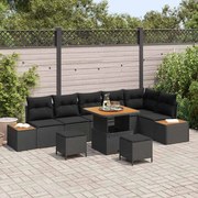 vidaXL Conjunto de Sofá de Jardim de 9 Peças com Almofadas em Rattan Preto e Madeira de Acácia