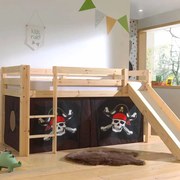 Cama alta de Criança PINO 90 x 200 cm + estrado + escada + escorrega + cortina Piratas das caraibas Natural