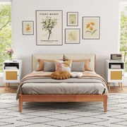 Conjunto 2 Mesas cabeçeira ou mesa Apoio com Estante Aberta e Porta Decorada em Rattan PE para Quarto Sala de Estar 40 x 39 x 70 cm Brancas