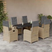 7 pcs conj. jantar jardim c/ almofadões vime PE bege misturado