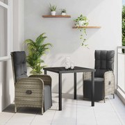 vidaXL Conjunto de Jantar de Jardim - 3 Peças com Almofadas em Polirattan Cinza.