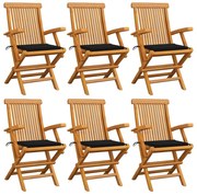 vidaXL Cadeiras de jardim c/ almofadões pretos 6 pcs teca maciça