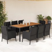vidaXL 9 pcs conjunto de jantar p/ jardim c/ almofadões vime PE preto