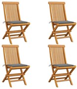 vidaXL Cadeiras de jardim c/ almofadões cinzentos 4 pcs teca maciça