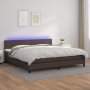 Cama box spring c/ colchão/LED 200x200 cm couro artif. castanho