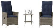 vidaXL Conjunto Bistro de 3 peças com almofadas em rattan sintético cinza