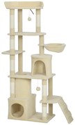 PawHut Arranhador para Gatos Grande com 7 Postes 1 Túnel 3 Plataformas 2 Cavernas 1 Rede 1 Poleiro 1 Rampa Pompons 60x40x170 cm Bege | Aosom Portugal