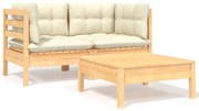 3 pcs conjunto lounge jardim c/ almofadões creme pinho maciço