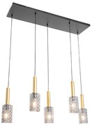 Candeeiro suspenso dourado com vidro fumê oblongo 5 luzes - Elva Art Deco