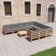 11 pcs conjunto lounge de jardim c/ almofadões pinho maciço