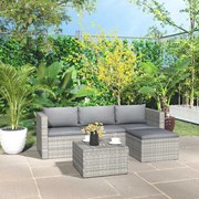 3 pcs conjunto lounge de jardim c/ almofadões vime PE cinzento