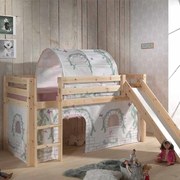 Conjunto Cama alta de Criança PINO 90 x 200 cm + estrado + escada + escorrega + cortina + túnel Pássaros Natural