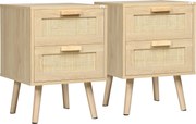 HOMCOM Conjunto de 2 Mesas de Cabeceira Mesas Auxiliares 2 Gavetas Frentes Aspecto Vime Rotim Estilo Boémio 40x40x56 cm Natural | Aosom Portugal