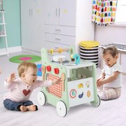 Cozinha de brincar 6 em 1 com carrinho de aprendizagem, jogo de formas, relógio educativo e rodas para bebés com mais de 12 meses, verde