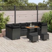 vidaXL Conjunto de Sofá de Jardim com 10 Peças e Almofadas Pretas em Polyrattan e Acácia.