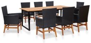 vidaXL 9 pcs conjunto jantar exterior vime PE e madeira acácia preto
