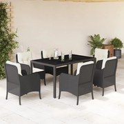 7 pcs conjunto de jantar p/ jardim c/ almofadões vime PE preto