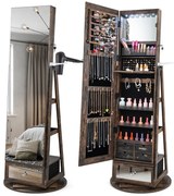 Armário para joias giratório 360° com fechadura, espelho de corpo inteiro, luzes LED, preto