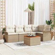 vidaXL Conjunto de sofá de jardim com 6 peças, almofadas bege, em rattan poliéster e acácia.