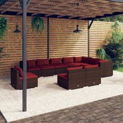 10 pcs conjunto lounge de jardim c/ almofadões vime PE castanho