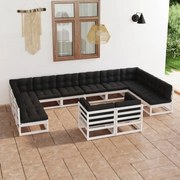 vidaXL 12 pcs conj. lounge de jardim c/ almofadões pinho maciço branco