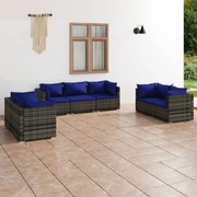 7 pcs conjunto lounge de jardim c/ almofadões vime PE cinza