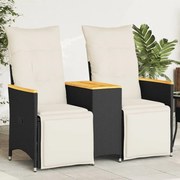 vidaXL Sofá de jardim reclinável 2 lugares com mesa vime PE preto