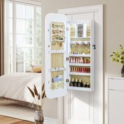 Armário para joias com espelho 42 cm x 10 cm x 107,5 cm e 6 luzes LED de parede ou porta com fecho Espelho arredondado branco