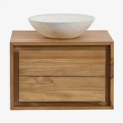 Conjunto De Móvel De Casa De Banho Em Madeira De Teca Jabari Madeira De Teca & Cimento Redondo Branco Ø40 Cm Zavion & Sem Espelho & Sem Torneira -