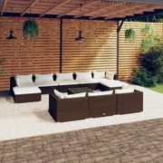 11 pcs conjunto lounge de jardim c/ almofadões vime PE castanho