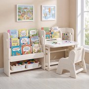 Conjunto de secretária e cadeira infantil com estantes laterais, cestos de arrumação, quadro branco apagável e estantes abertas para crianças a partir