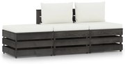 3 pcs conj. lounge jardim + almofadões madeira impreg. cinzento