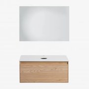 Conjunto De Móvel De Casa De Banho Suspenso 80x50 Cm Em Madeira De Freixo Tedrik Castanho Fresno & Sem Lavatório & Led Retangular - Sklum