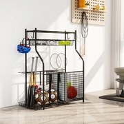 Organizador de Equipamentos Desportivos com Cesto Ganchos Removíveis e Faixas Elásticas Suporte para Bolas 92x42x109 cm Preto