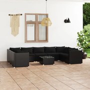 vidaXL 10 pcs conjunto lounge de jardim c/ almofadões vime PE preto