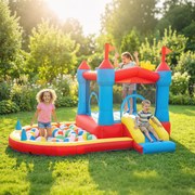 Castelo insuflável com compressor 342 C x 255 L x 209 A cm, parque infantil insuflável com escorregas, trampolim, piscina de bolas, multicolorido