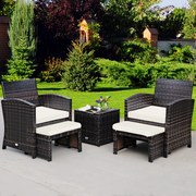 Conjunto de Jardim 5 Peças de Rattan Conjunto Ar Livre com Almofadada e Mesa de Café para terraço Jardim Castanho eBranco