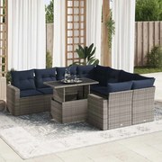 9 pcs conjunto sofás jardim almofadões vime PE/acácia cinzento
