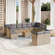 vidaXL 13 pcs conj. sofás jardim c/ almofadões vime PE bege misturado
