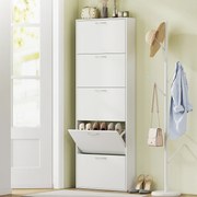 Sapateieira com capacidade para 15 pares, armário para sapatos moderno e estreito com 5 gavetas rebatíveis, 65 x 17 x 180,5 cm, branco