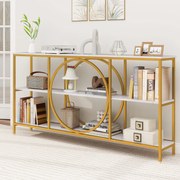 Mesa consola de 3 níveis com imitação tampo de mármore com estrutura metálica 180 x 30 x 90 cm Dourada e branca