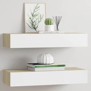 vidaXL Prateleiras de parede para gavetas 2 peças carvalho e branco 60x23,5x10cm MDF