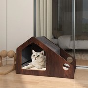 Casa de madeira para gatos 60 x 40 x 40 cm de interior com comedouro Teto removível e estrutura metálica  Castanho