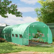 Estufa de jardim tipo túnel, 24 m² (8 m x 3 m x 2 m) – 16 janelas, porta com fecho de correr enrolável em aço galvanizado, lona de PE, verde