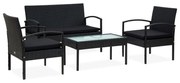 4 pcs conjunto lounge de jardim c/ almofadões vime PE preto