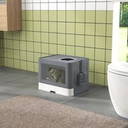 Caixa de Areia para Gatos Amovível com Pá Escova 2 Portas Entrada Principal e Saída Superior 48,5x38x36,5 cm Cinza