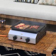 Grelhador a gás em aço inoxidável esmaltado, com 2 queimadores de 4,8 kW, antiaderente, ampla superfície de cozedura de 40 L x 34 L cm, transportável