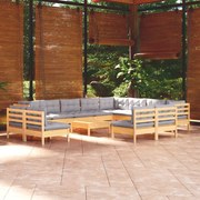 13pcs conjunto lounge de jardim + almofadões cinza pinho maciço