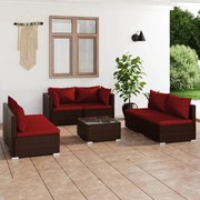 7 pcs conjunto lounge jardim c/ almofadões vime PE castanho